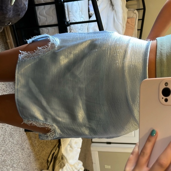 Shiny light blue skirt with lace slits size small - Picture 2 of 2
